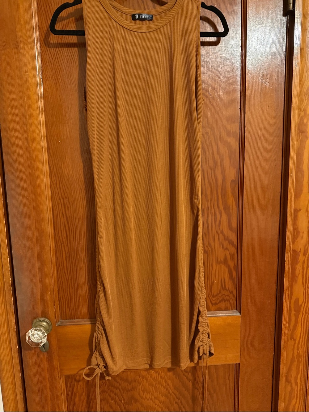 Sleeveless Ruched Midi Dress in Tan